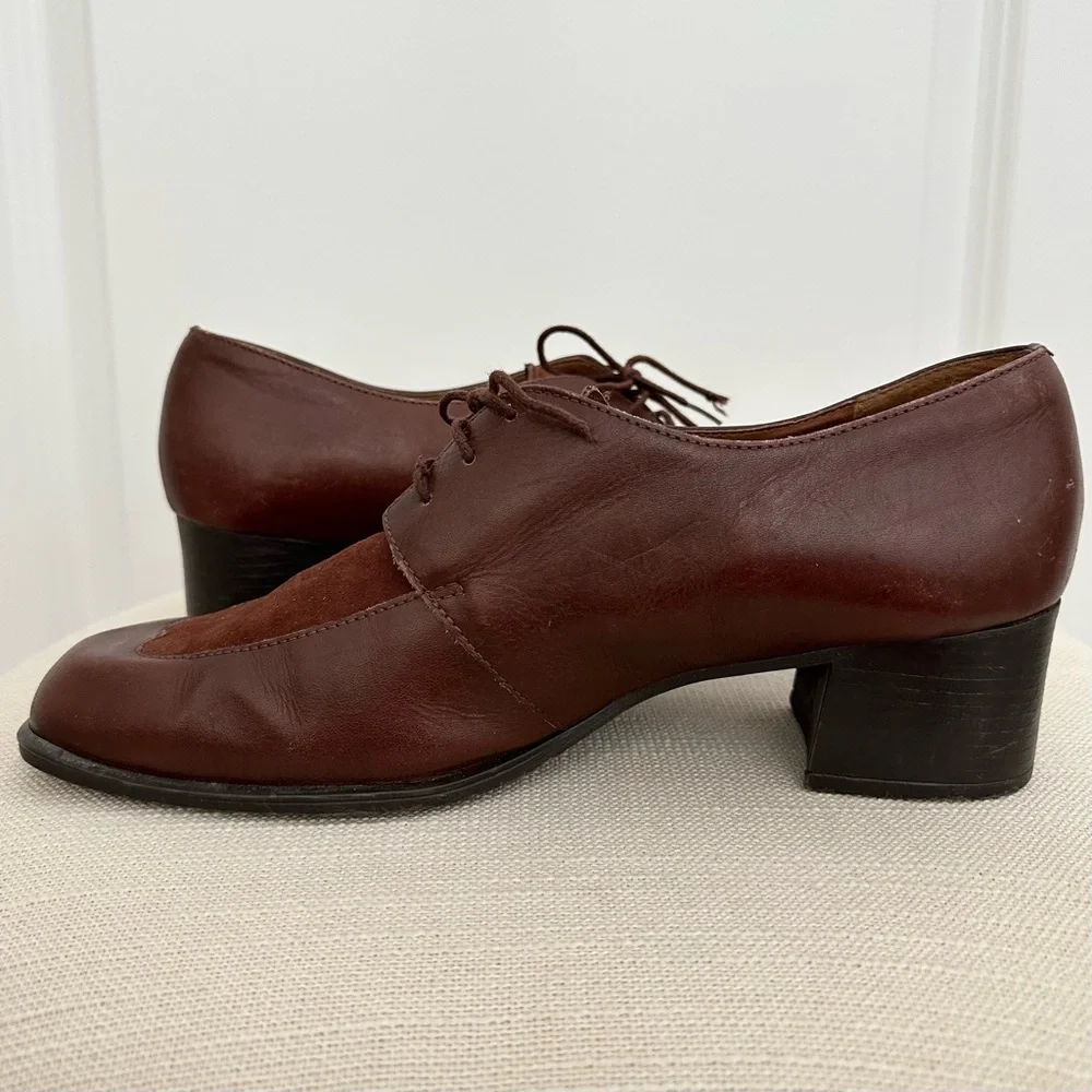 Vintage Brown Suede Leather Heeled Loafer Shoes- Preppy Collegiate Fall Office